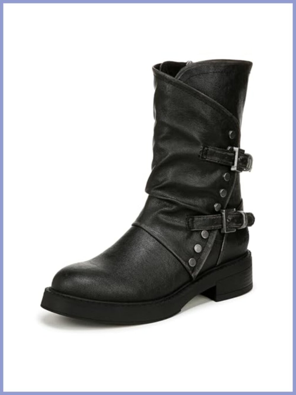 Faux Leather Mid Calf Moto Boots Side Zip Buckle Studded Block Heel
